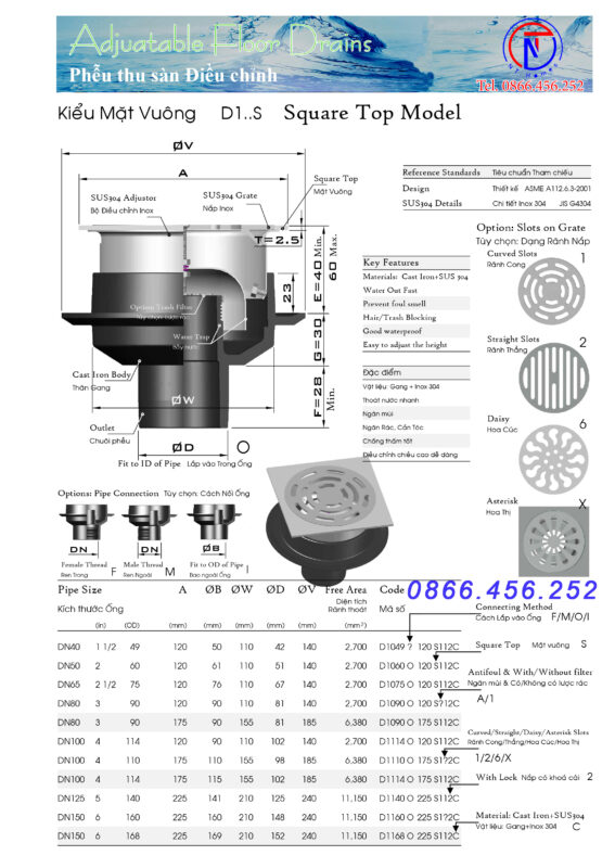 Phễu thu sàn D60. Chống thấm, Điều chỉnh. Thân Gang+Nắp Inox 304. Kiểu D1