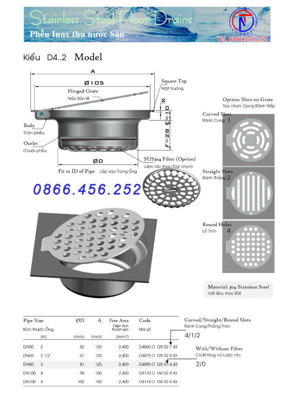 Phễu thu sàn Inox 304 nắp bản lề Kiểu D4. Ống D60