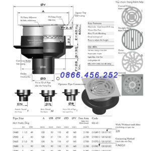 Phễu thu sàn Điều chỉnh Gang+Inox 304 Ống D60. Kiểu D1