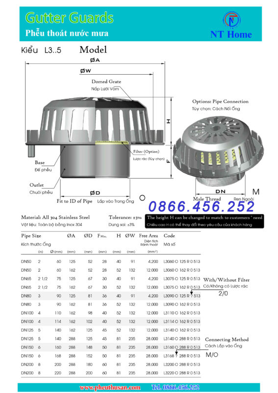Phễu thoát nước dưới mương, thoát nước bồn hoa DN50 - Kiểu L3..5