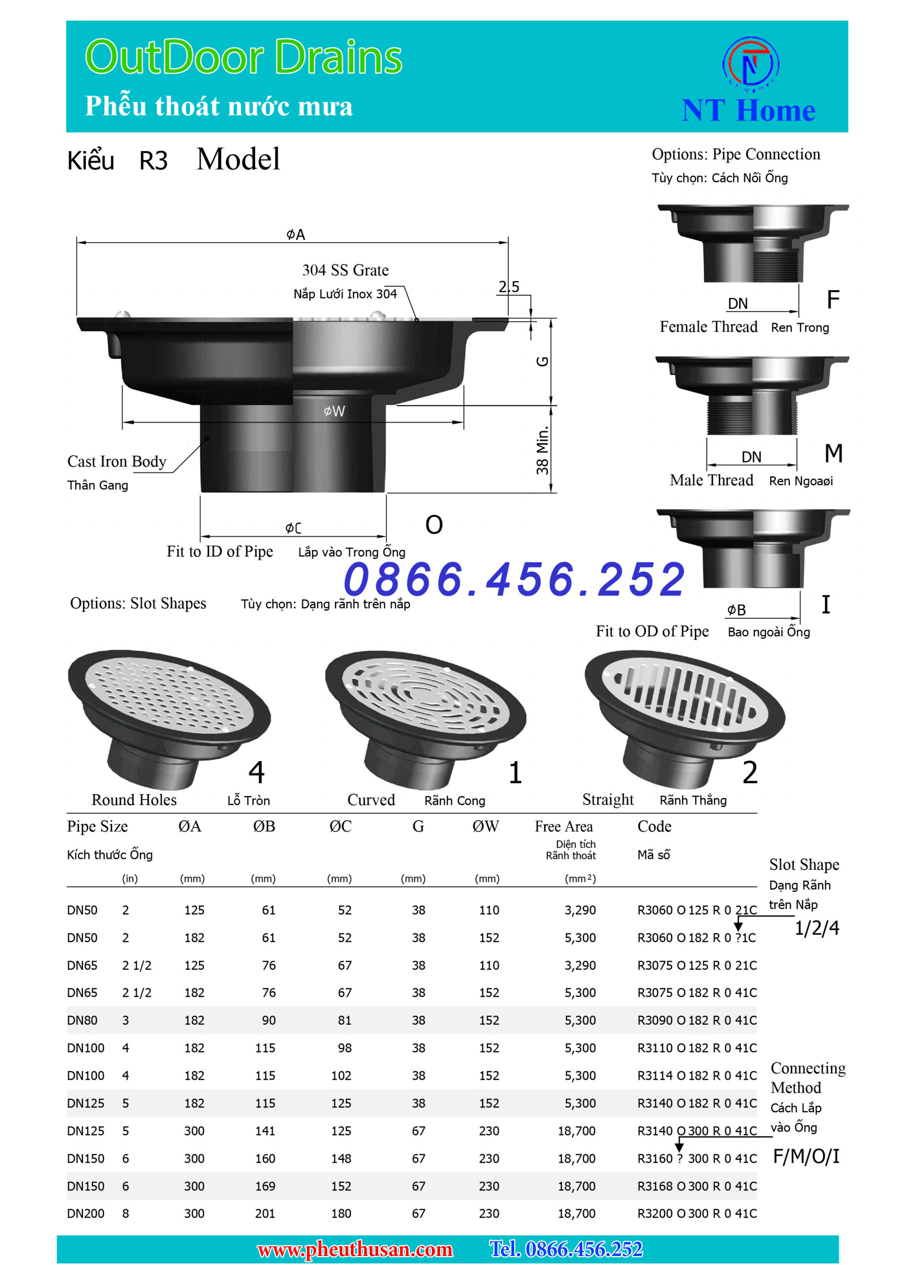 Phễu thoát nước Gang+Inox 304 Kiểu R3