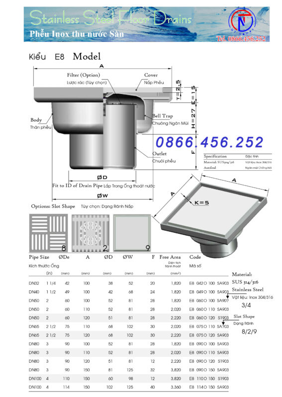 Phễu thu sàn mặt tấm phẳng kiểu E8