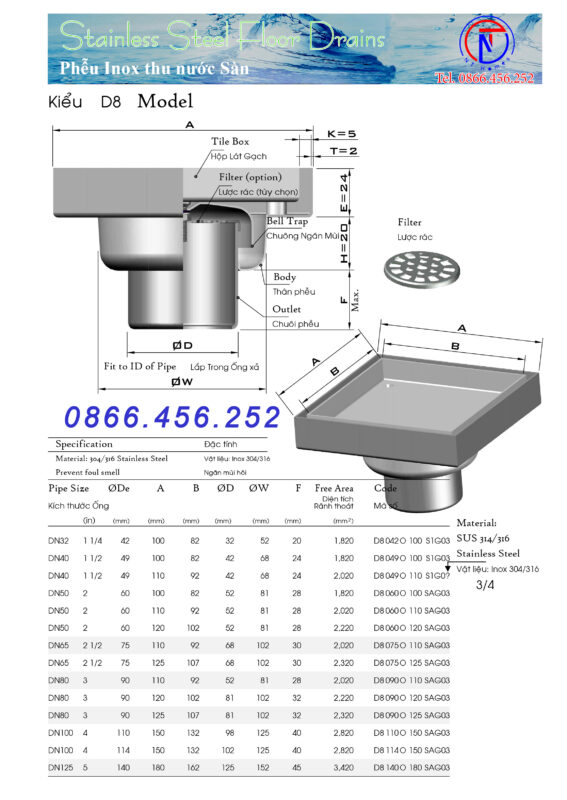 Phễu thu sàn kiểu D8