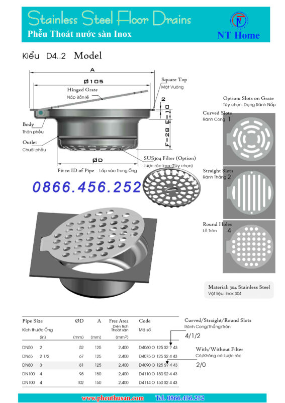 Phễu thu sàn Inox 304 nắp bản lề Kiểu D4