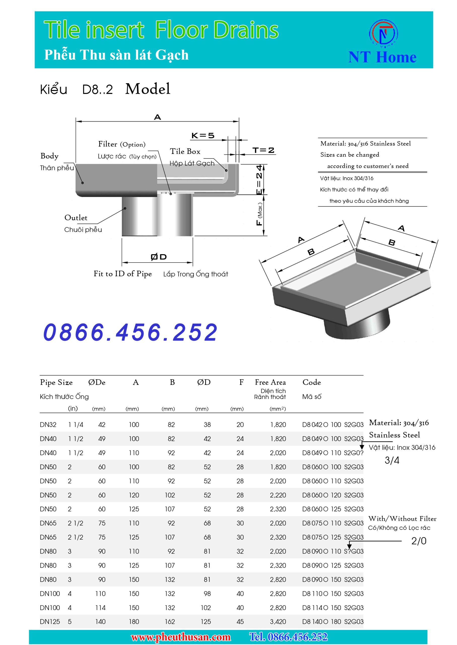 Phễu thu sàn mặt dán gạch Inox 304 Kiểu D8