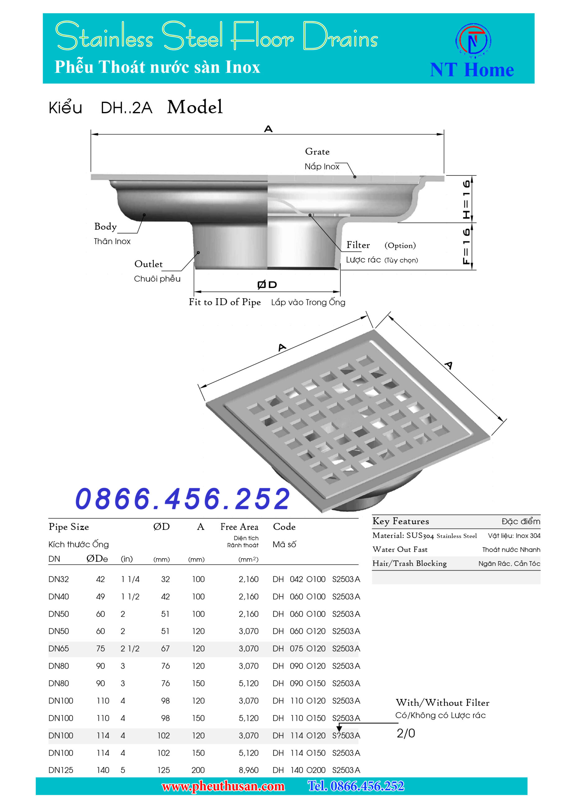 Phễu thoát nước Inox 304 Kiểu DH