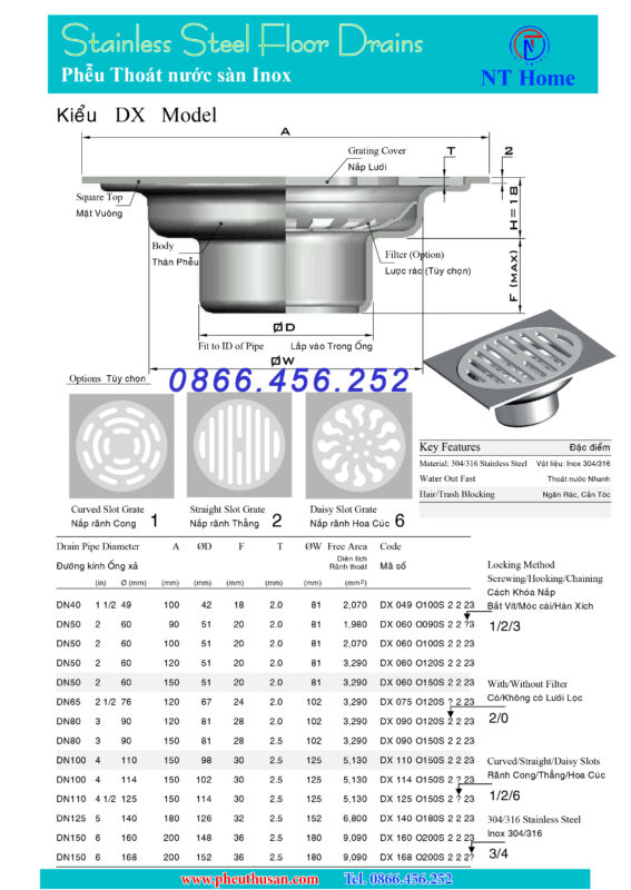 Phễu thu sàn Inox 304 kiểu DX