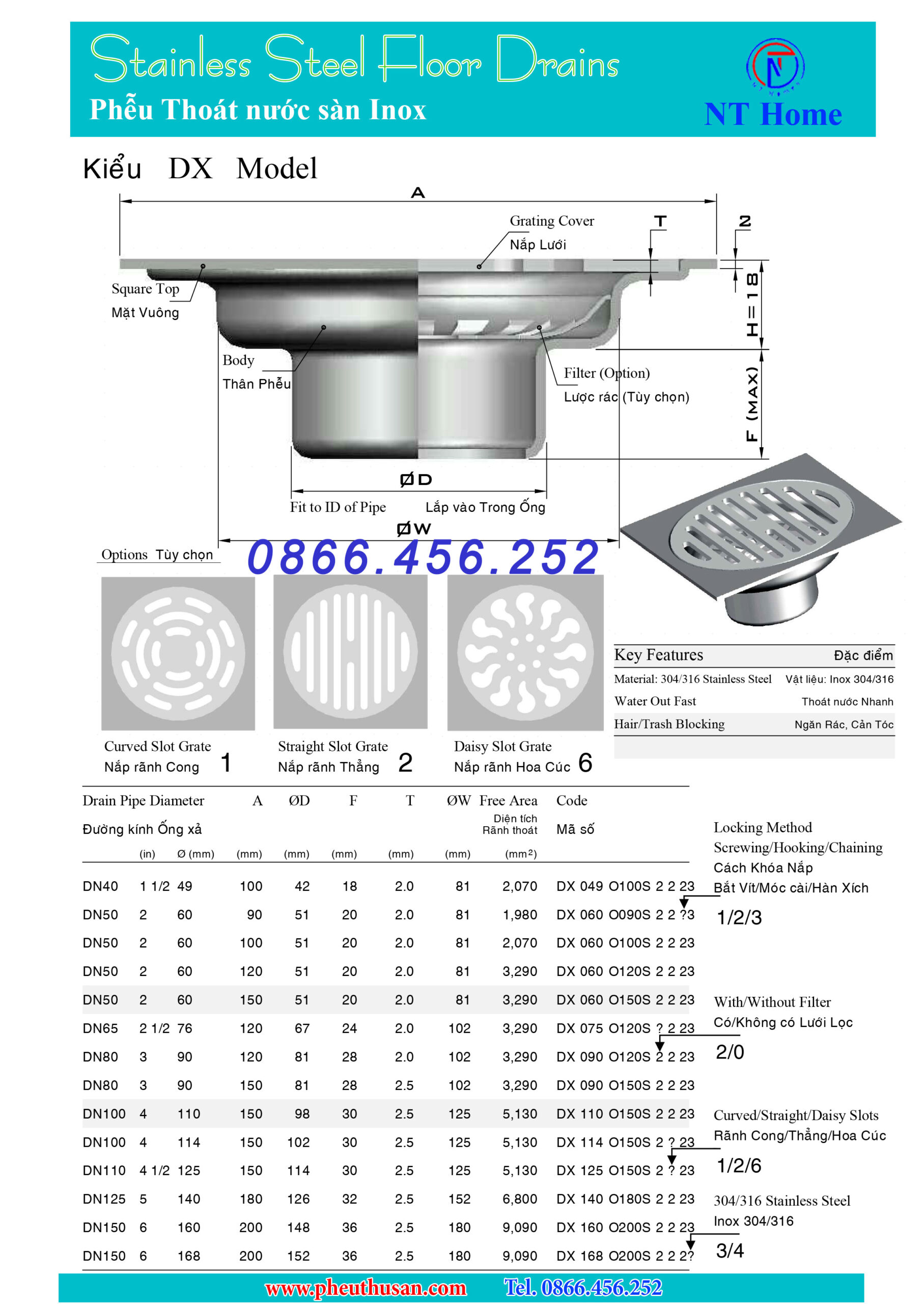 Phễu thu sàn Inox 304 kiểu DX